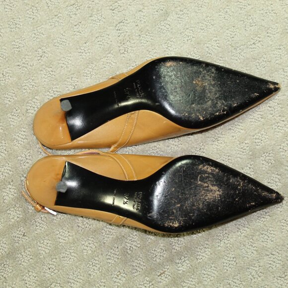 Prada Women's Size 7 / 37.5 Gold Patent Leather 3" Kitten Heel Bow Slingback - Picture 7 of 10